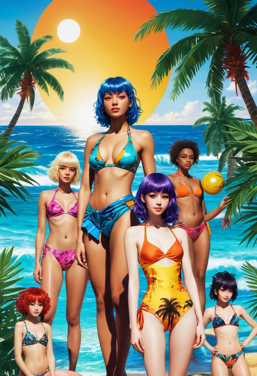 A stunning beach scene showcasing a diverse group of people in creative, bold swimwear inspired by manga and anime, with vibrant patterns and colors. Characters pose playfully under a bright sun, with tropical palm trees in the background and the ocean sparkling. Add whimsical elements like floating swim gear and exaggerated facial expressions to emphasize fun and fantasy. The atmosphere should be lively and eye-catching. cyberpunk style. vibrant colors. 3D.